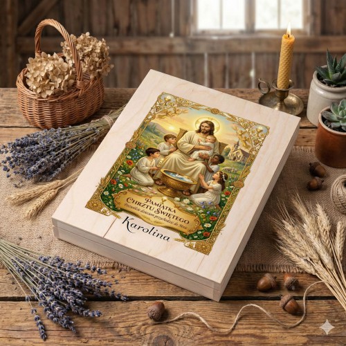 Biblia w drewnianym pudełku XL z nadrukiem Ink-Jet – Pamiątka Chrztu Świętego