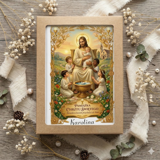 Pudełko Kraft - Moja Pierwsza Biblia – Pamiątka Chrztu Świętego „Jezus i dzieci” z personalizacją | Kolekcja LUMEN™
