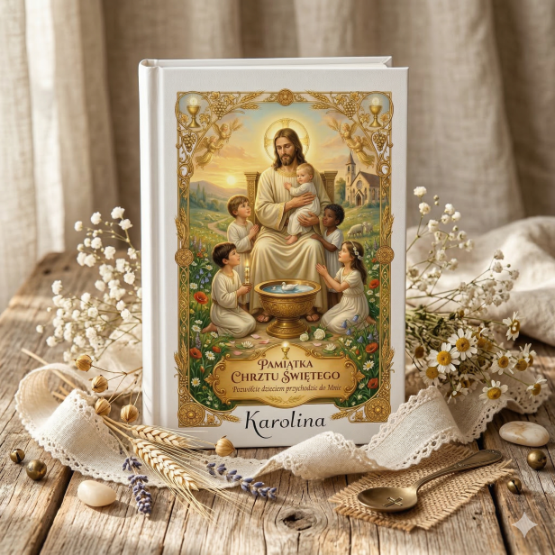 Moja Pierwsza Biblia – Pamiątka Chrztu Świętego „Jezus i dzieci” z personalizacją | Kolekcja LUMEN™