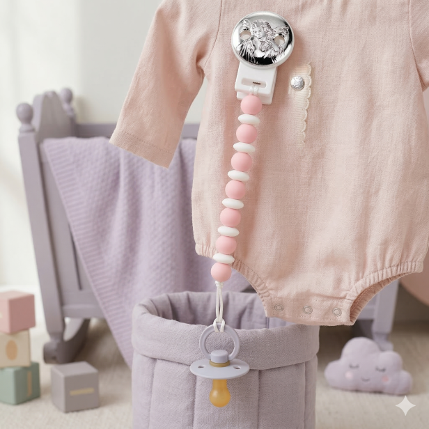 Zapinka do smoczka z emblematem srebrnym Aniołek – prezent dla dziecka | Linia BABY SILVER™