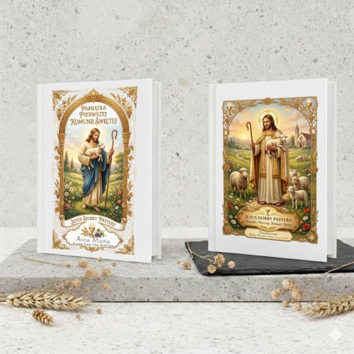 Biblia komunijna – Pamiątka Pierwszej Komunii Świętej „Jezus Dobry Pasterz” z personalizacją | Kolekcja LUMEN™