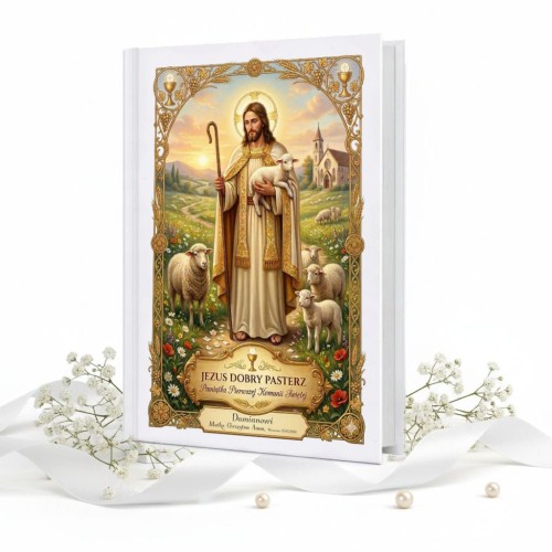 Biblia komunijna – Pamiątka Pierwszej Komunii Świętej „Jezus Dobry Pasterz” z personalizacją | Kolekcja LUMEN™