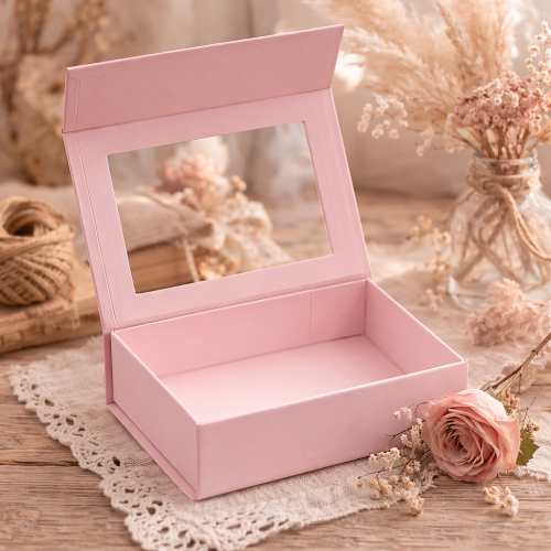 Różowe pudełko prezentowe z okienkiem – elegancka aranżacja MAGNETIC BOX™