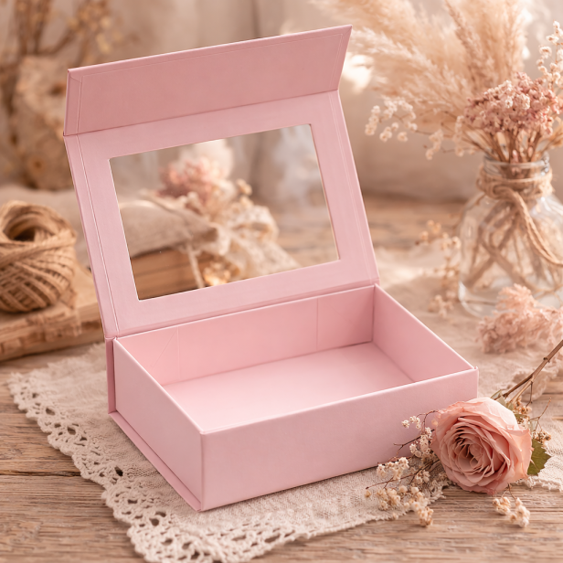 Pudełko magnetyczne B6 różowe z okienkiem 20×15×5,5 cm – pudełko prezentowe | MAGNETIC BOX™