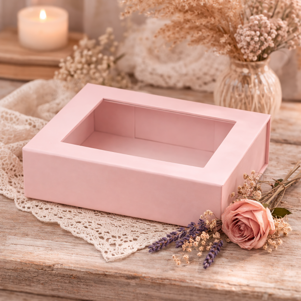 Pudełko magnetyczne B6 różowe z okienkiem 20×15×5,5 cm – pudełko prezentowe | MAGNETIC BOX™