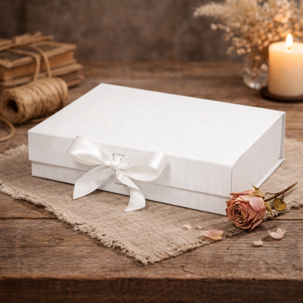 Pudełko magnetyczne A5 białe z wstążką 23,5×17×6 cm – eleganckie pudełko prezentowe | MAGNETIC BOX™