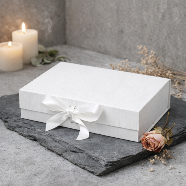 Pudełko magnetyczne A5 białe z wstążką 23,5×17×6 cm – eleganckie pudełko prezentowe | MAGNETIC BOX™