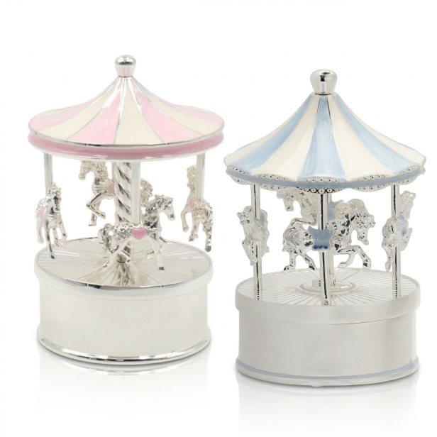 karuzela z pozytywką BABY SILVER dla dziecka różowa i niebieska personalizowana pamiątka chrztu