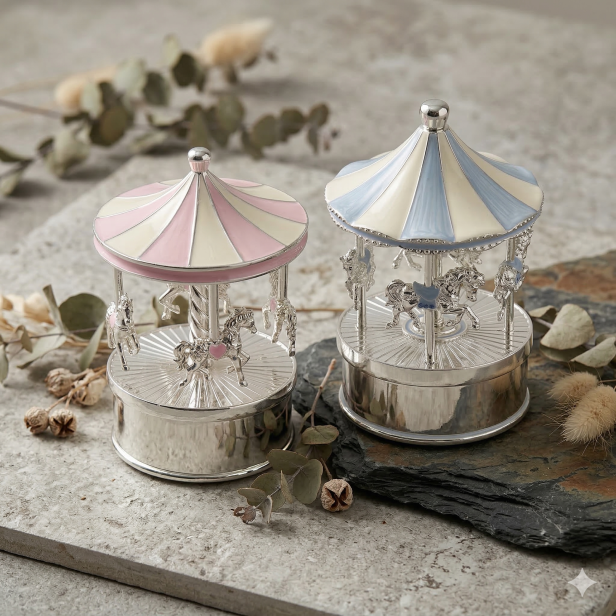 karuzela z pozytywką dla dziecka baby silver pamiątka chrztu z grawerem różowa i niebieska