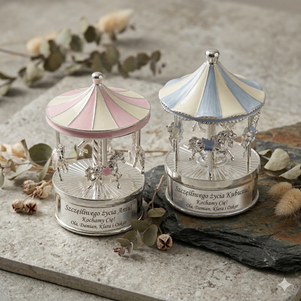 karuzela pozytywka dla dziecka baby silver prezent na chrzest personalizowana