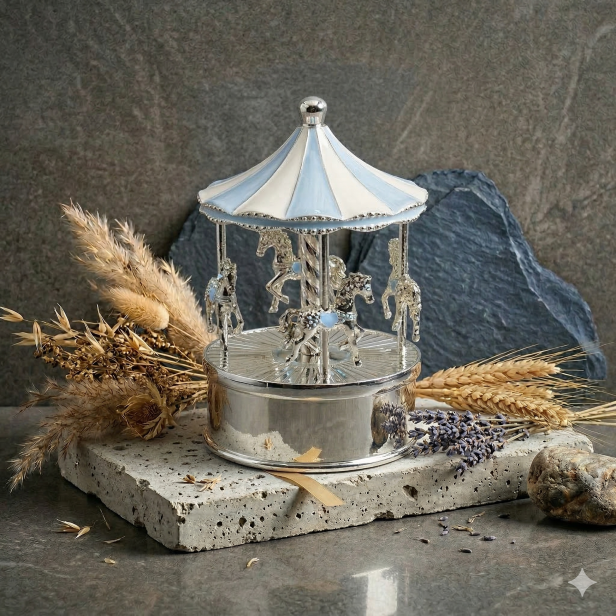 karuzela z pozytywką dla chłopca baby silver niebieska pamiątka chrztu z personalizacją