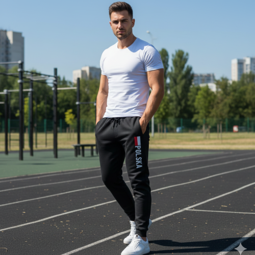 Czarne spodnie patriotyczne z flagą Polski – stylizacja męska