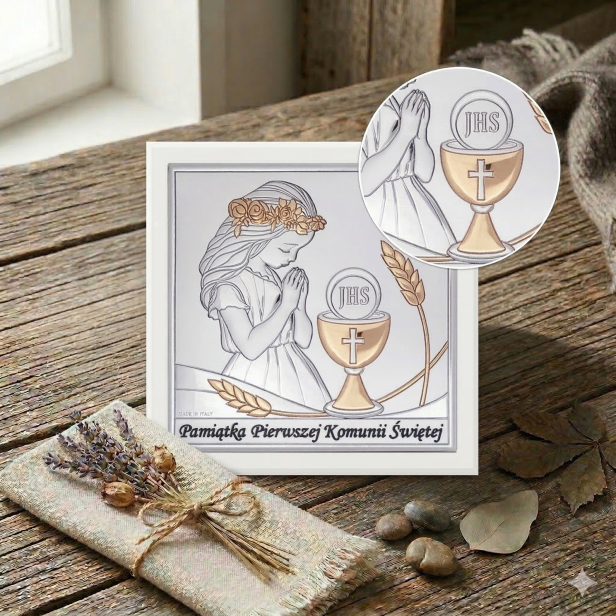 Obrazek srebrny I Komunia Święta dziewczynka 15×15 | SILVER COMMUNIO™