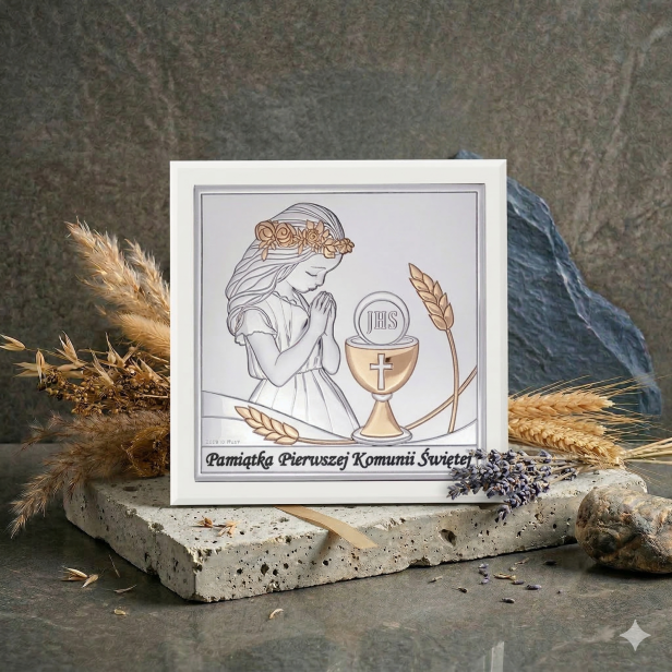 Obrazek srebrny I Komunia Święta dziewczynka 15×15 | SILVER COMMUNIO™