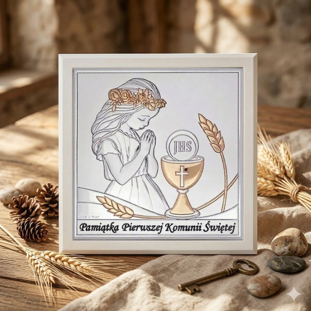 Obrazek srebrny I Komunia Święta dziewczynka 15×15 | SILVER COMMUNIO™