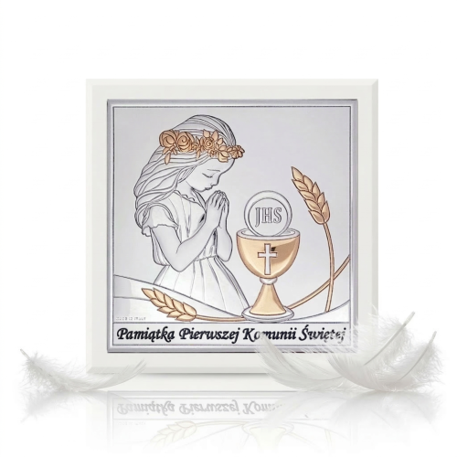 Obrazek srebrny I Komunia Święta dziewczynka 15×15 | SILVER COMMUNIO™