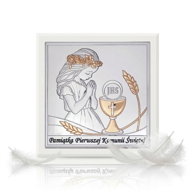Obrazek srebrny I Komunia Święta dziewczynka 15×15 | SILVER COMMUNIO™