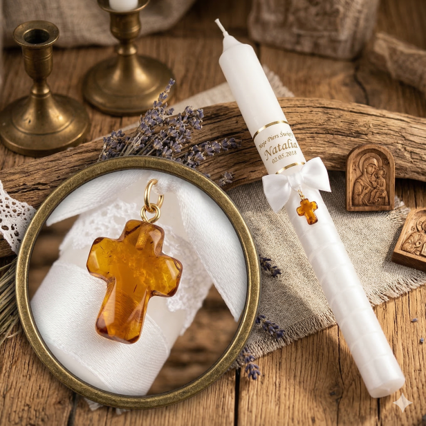 Świeca imienna z bursztynem KRZYŻYK | Linia AMBRA AURORA™ – Światło Wiary i Łaski