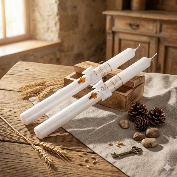 Świeca imienna z bursztynem KRZYŻYK | Linia AMBRA AURORA™ – Światło Wiary i Łaski