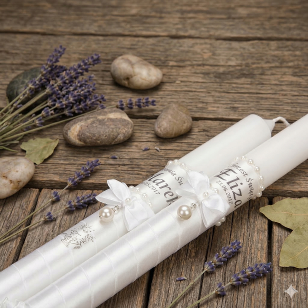 Świeca imienna z perłą | Linia PERLA AURORA™ – Światło Czystości i Łaski