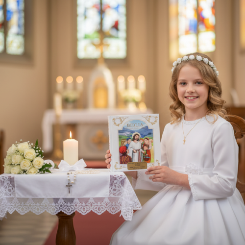 aranżacja Biblia na I Komunię Świętą w etui z grawerowaną dedykacją | Pamiątka Pierwszej Komunii Świętej