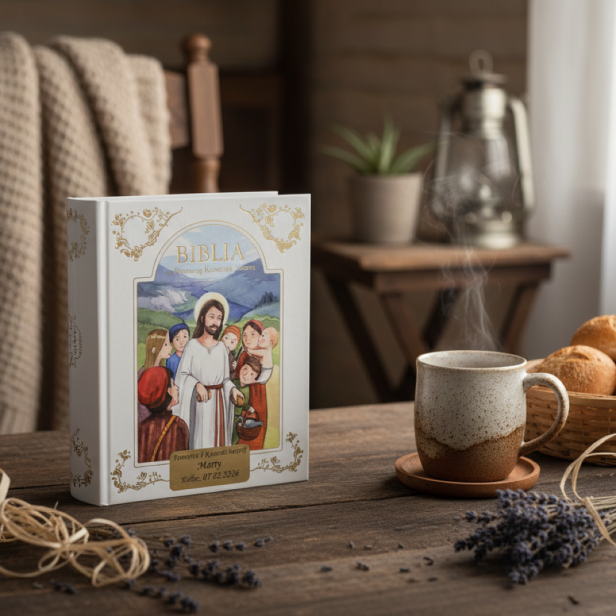Biblia na I Komunię Świętą w etui z grawerowaną dedykacją | Pamiątka Pierwszej Komunii Świętej