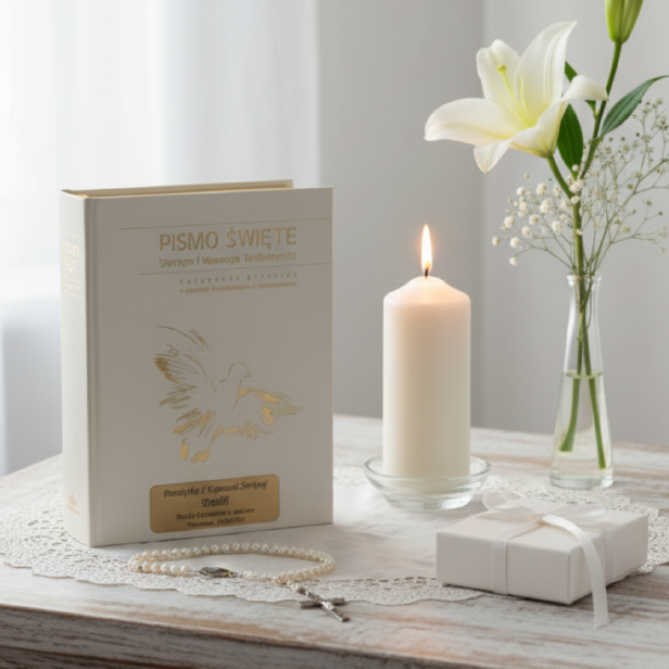 Pismo Święte ST i NT - biała ecri ze złoceniem i Twoim grawerem | Biblia Paulistów | Pamiątka I Komunii Świętej