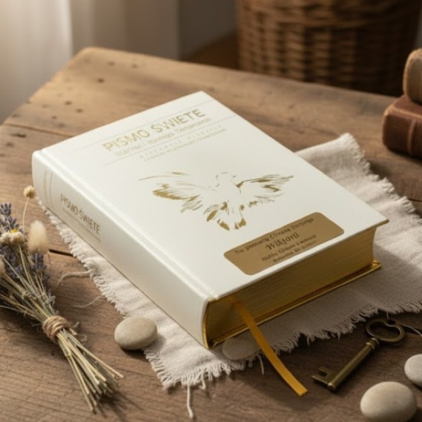 Pismo Święte ST i NT - biała ecri ze złoceniem i Twoim grawerem | Biblia Paulistów | Pamiątka I Komunii Świętej