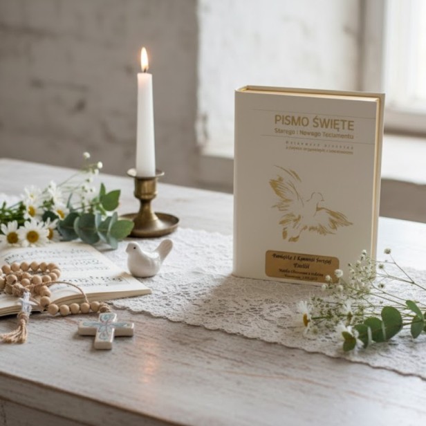 Pismo Święte ST i NT - biała ecri ze złoceniem i Twoim grawerem | Biblia Paulistów | Pamiątka I Komunii Świętej