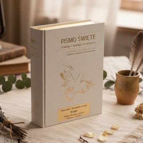 Pismo Święte ST i NT - biała ecri ze złoceniem i Twoim grawerem | Biblia Paulistów | Pamiątka I Komunii Świętej