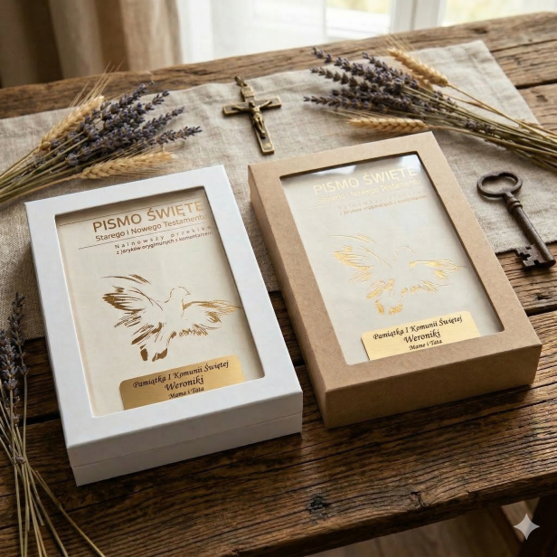 Możliwość zakupu z pudełkiem białym lub kraft - Pismo Święte ST i NT - biała oprawa ecri z paginatorami i Twoim grawerem | Biblia Paulistów | Pamiątka I Komunii Świętej