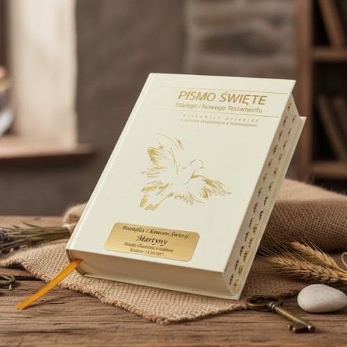 Pismo Święte ST i NT - biała oprawa ecri z paginatorami i Twoim grawerem | Biblia Paulistów | Pamiątka I Komunii Świętej
