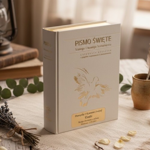 Pismo Święte ST i NT - biała ecri ze złoceniem, paginatorami Twoim grawerem | Biblia Paulistów | Pamiątka I Komunii Świętej