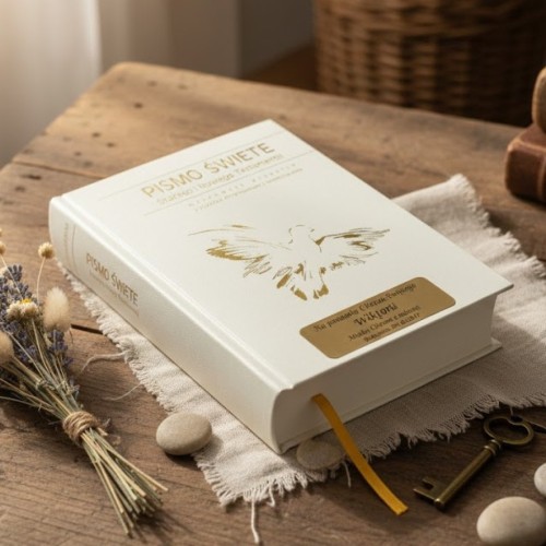 Pismo Święte ST i NT - biała oprawa ecri z Twoim grawerem | Biblia Paulistów | Pamiątka I Komunii Świętej (