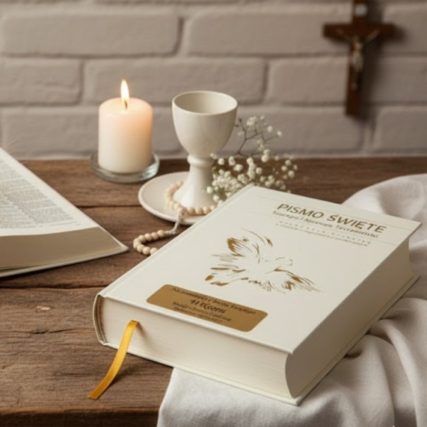 Pismo Święte ST i NT - biała oprawa ecri z Twoim grawerem | Biblia Paulistów | Pamiątka I Komunii Świętej (