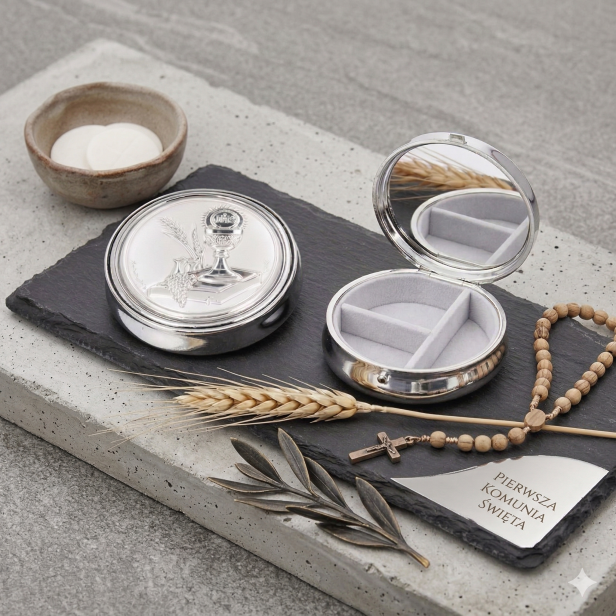 pudełku z obrazkiem srebrnym HOSTIA IHS – Pamiątka I Komunii Świętej | Linia MEMORIA SILVER™