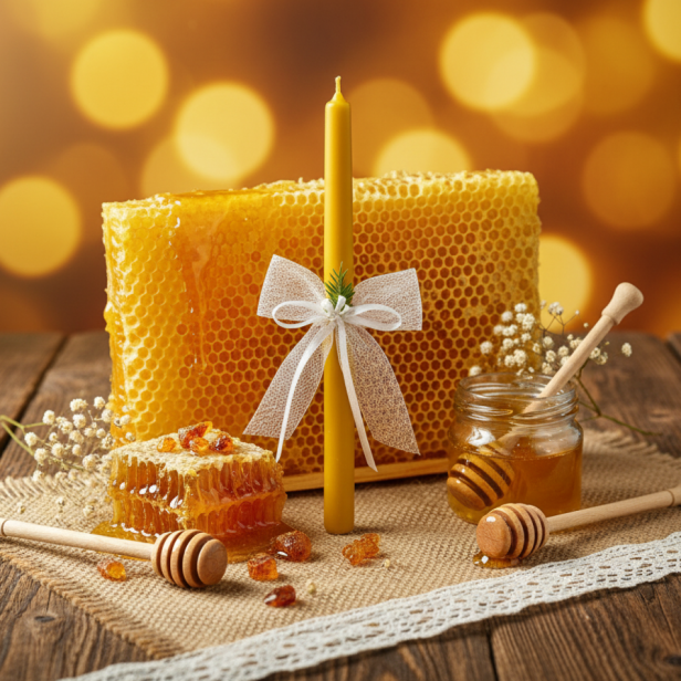 Świeca z wosku pszczelego okolicznościowa ze stroikiem MGIEŁKA | Linia HONEY PURE