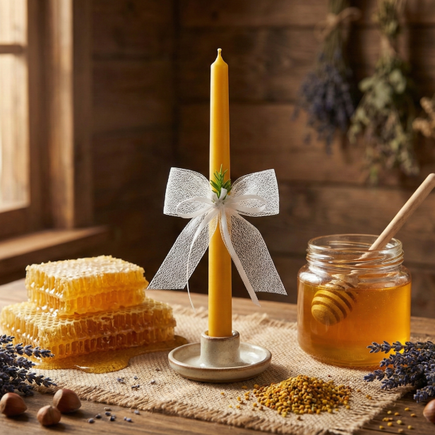 Świeca okolicznościowa z wosku pszczelego ze stroikiem MGIEŁKA | Linia HONEY PURE
