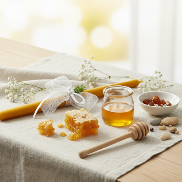 Świeca z wosku pszczelego okolicznościowa ze stroikiem MGIEŁKA | Linia HONEY PURE