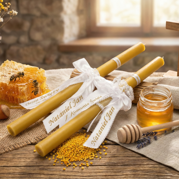 Świeca pamiątkowa z wosku pszczelego z imieniem | Linia BEE WAX – HONEY PURE