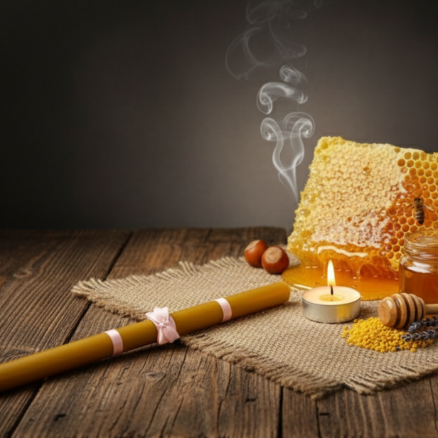 Gromnica zdobiona Róż Mistyczny – 100% wosk pszczeli | HONEY PURE – Naturalne Światło Wiary