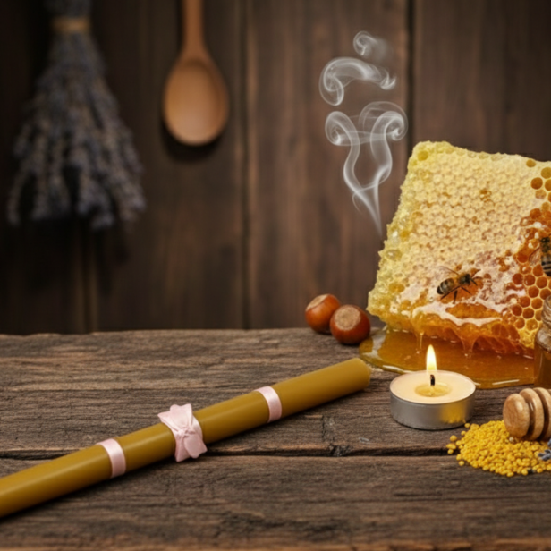 Gromnica zdobiona Róż Mistyczny – 100% wosk pszczeli | HONEY PURE – Naturalne Światło Wiary