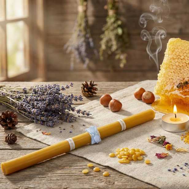 Świeca z wosku pszczelego – gromnica zdobiona Błękit Maryjny | Linia HONEY PURE – Naturalne Światło Wiary