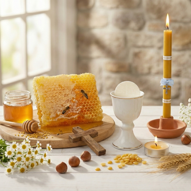 Świeca z wosku pszczelego – gromnica zdobiona Błękit Maryjny | Linia HONEY PURE – Naturalne Światło Wiary