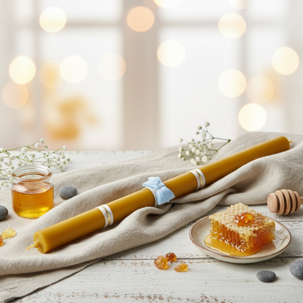 aranżacja  Świeca z wosku pszczelego – Świeca z wosku pszczelego – gromnica zdobiona Błękit Maryjny | Linia HONEY PURE – Naturalne Światło Wiary