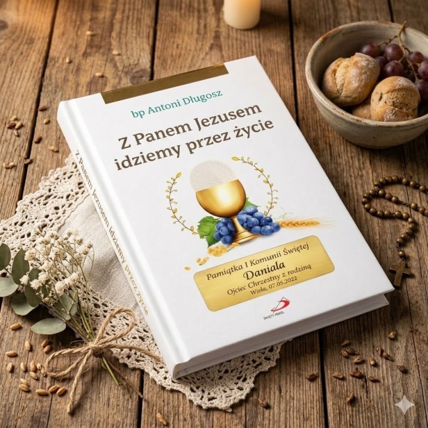Album komunijny „Z Panem Jezusem idziemy przez życie” z grawerem | Pamiątka I Komunii Świętej
