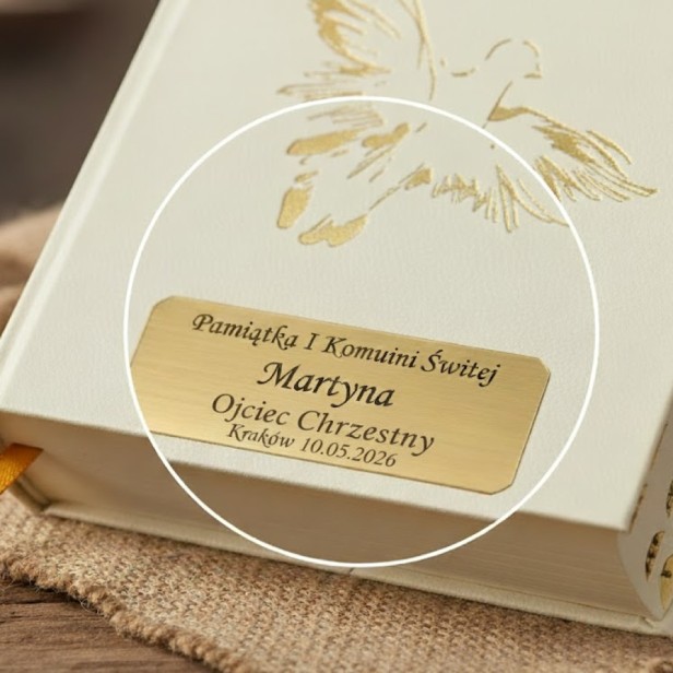personalizacja biblii - grawer laserowy - Pismo Święte w pudełku drewnianym EKO ♻ ze złoceniami i nadrukiem UV | Pamiątka I Komunii Świętej | Biblia Paulistów