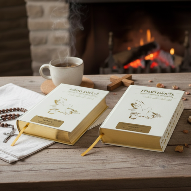 paginacja biblii - Pismo Święte w pudełku drewnianym EKO ♻ ze złoceniami i nadrukiem UV | Pamiątka I Komunii Świętej | Biblia Paulistów