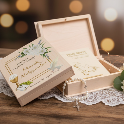 w aranżacji Pismo Święte w pudełku drewnianym EKO ♻ ze złoceniami i nadrukiem UV | Pamiątka I Komunii Świętej | Biblia Paulistów