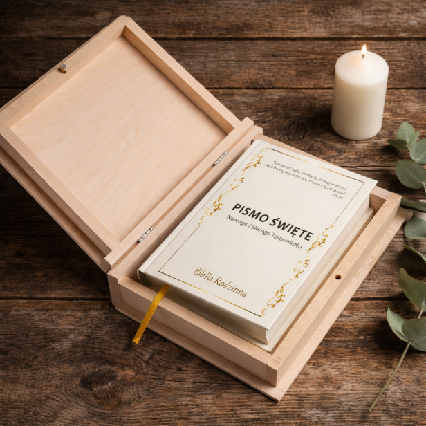 w zestawie z pudełkiem drewnianym - Pismo Święte Starego i Nowego Testamentu – Biblia w twardej oprawie z personalizacją UV